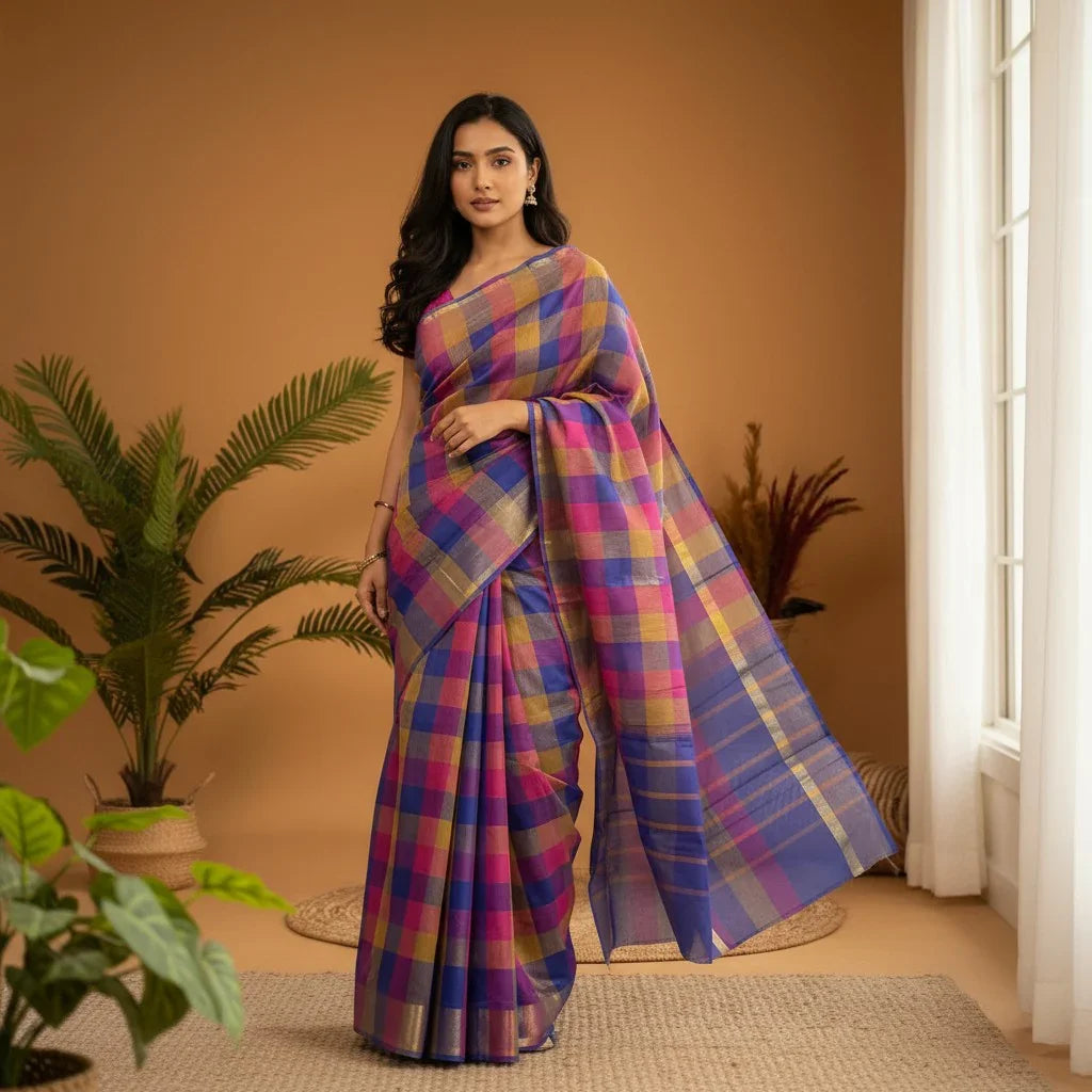MANGALAGIRI COTTONS BODY BLUE PINK AND BROWN CHECKS PALLU AND BLOUSE CHECKS - pochampallysarees.com