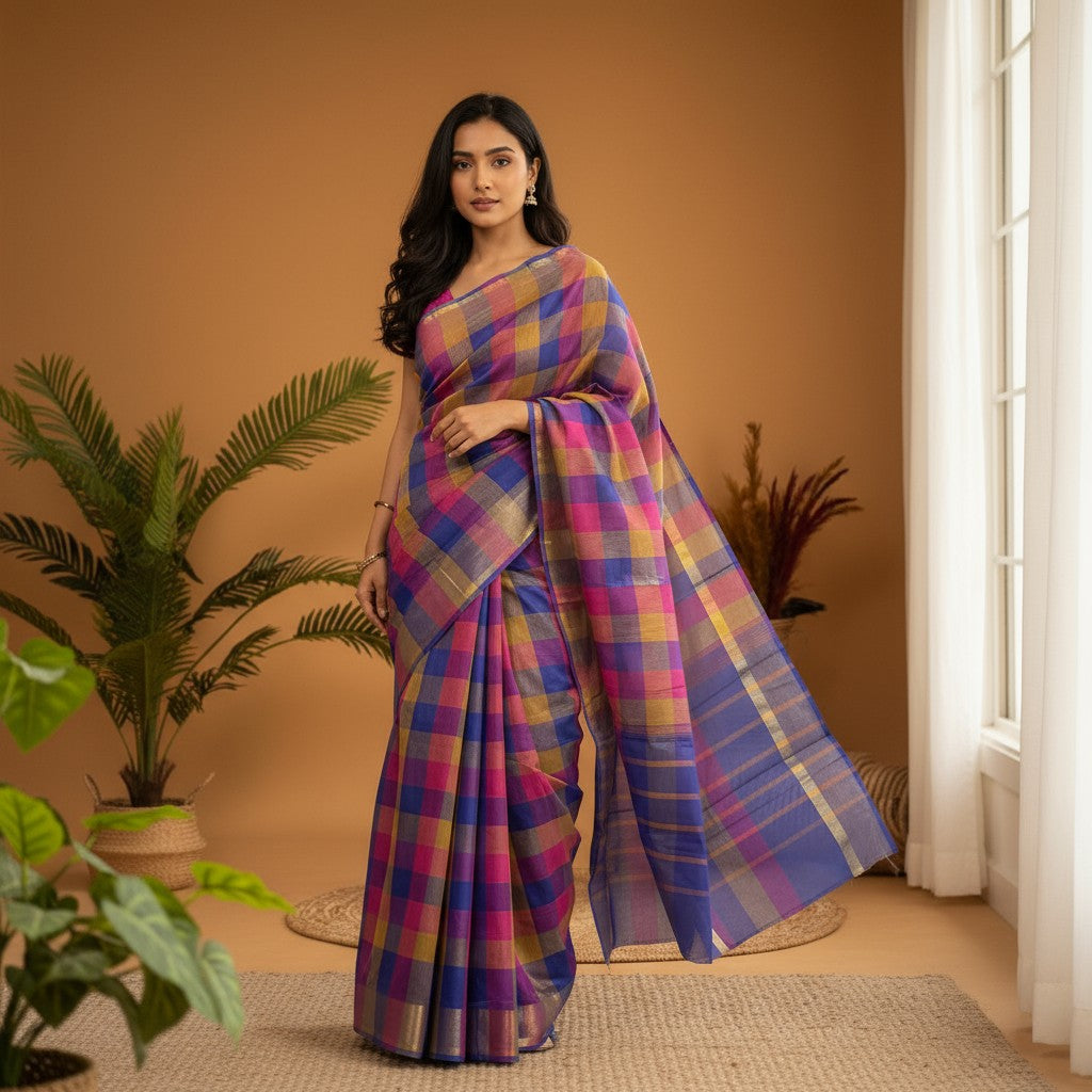 MANGALAGIRI COTTONS BODY BLUE PINK AND BROWN CHECKS PALLU AND BLOUSE CHECKS - pochampallysarees.com