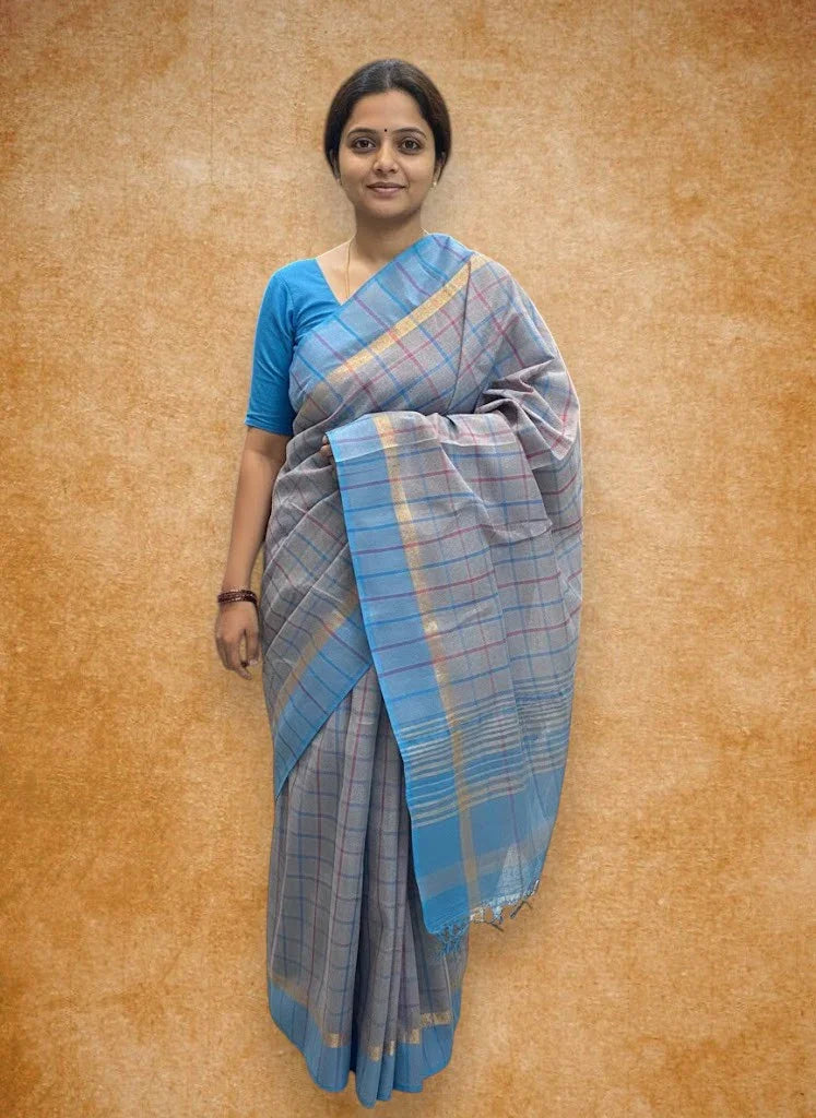 MANGALAGIRI COTTONS BODY GRAY BLUE CHECKS DESIGNER BORDER ZARI PALLU AND BLOUSE RUNNING