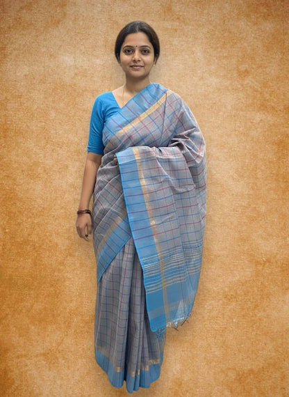 MANGALAGIRI COTTONS BODY GRAY BLUE CHECKS DESIGNER BORDER ZARI PALLU AND BLOUSE RUNNING