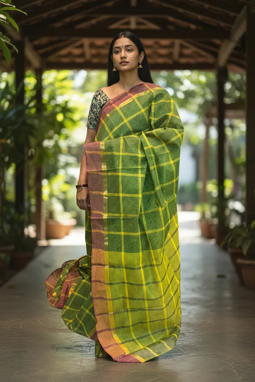 MANGALAGIRI COTTONS BODY GREEN CHECKS DESIGNER BORDER ZARI PALLU AND BLOUSE RUNNING - pochampallysarees.com