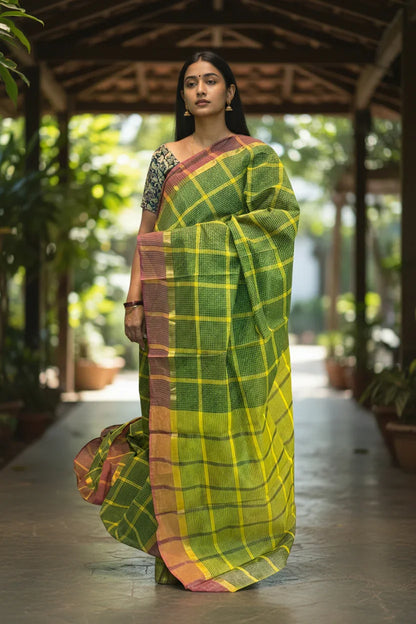 MANGALAGIRI COTTONS BODY GREEN CHECKS DESIGNER BORDER ZARI PALLU AND BLOUSE RUNNING - pochampallysarees.com