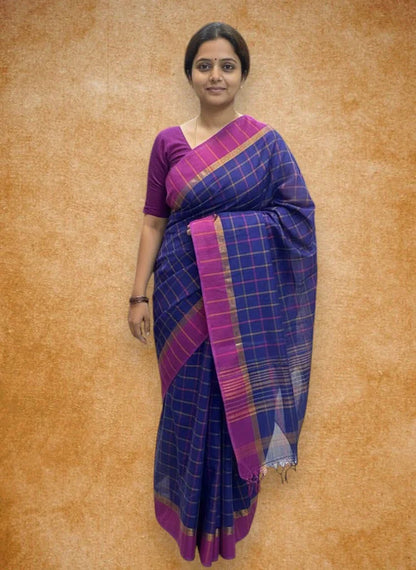 MANGALAGIRI COTTONS BODY NAVY BLUE CHECKS DESIGNER BORDER ZARI PALLU AND BLOUSE RUNNING