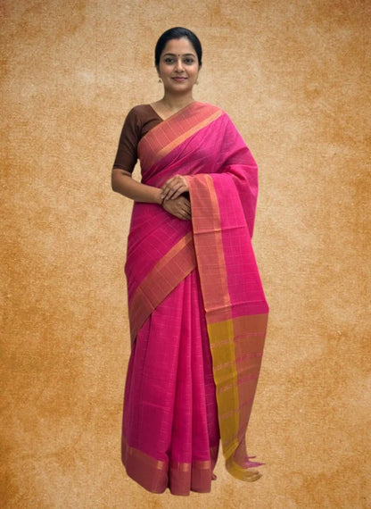 MANGALAGIRI COTTONS BODY PINK CHECKS DESIGNER BORDER ZARI PALLU AND BLOUSE RUNNING