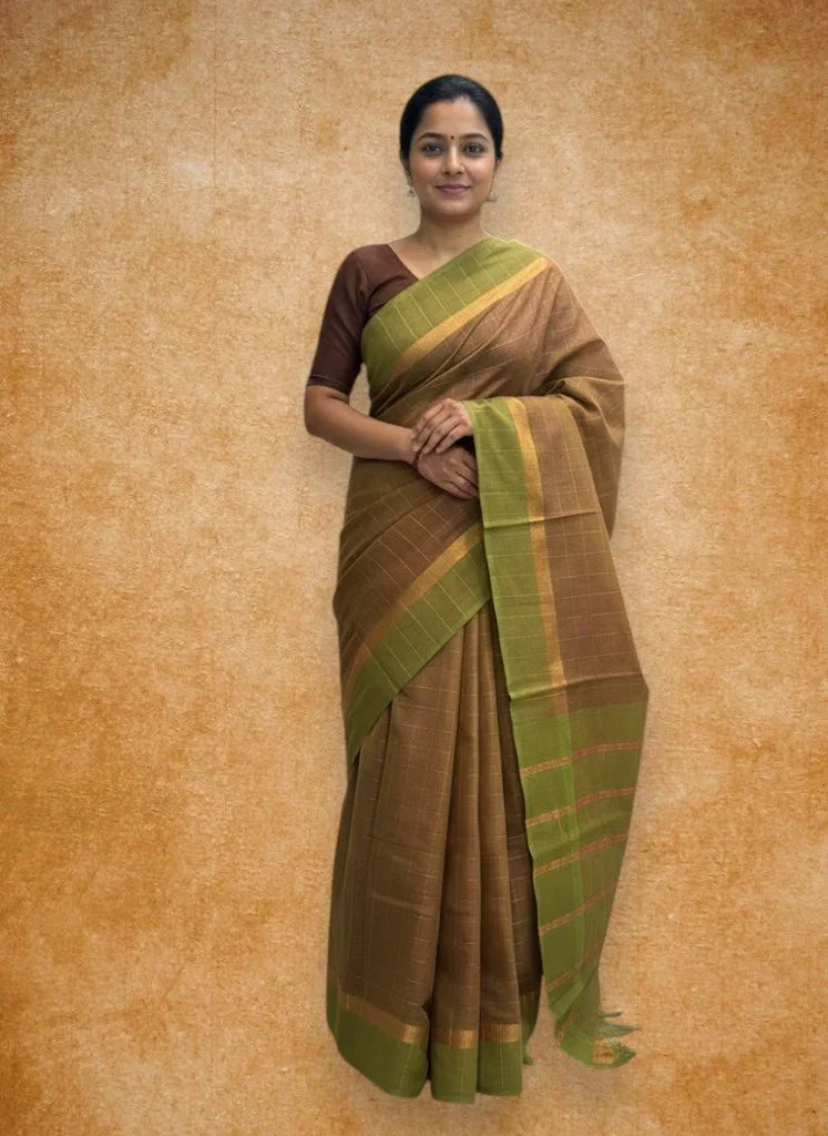 MANGALAGIRI COTTONS BODY BROWN CHECKS DESIGNER BORDER ZARI PALLU AND BLOUSE RUNNING