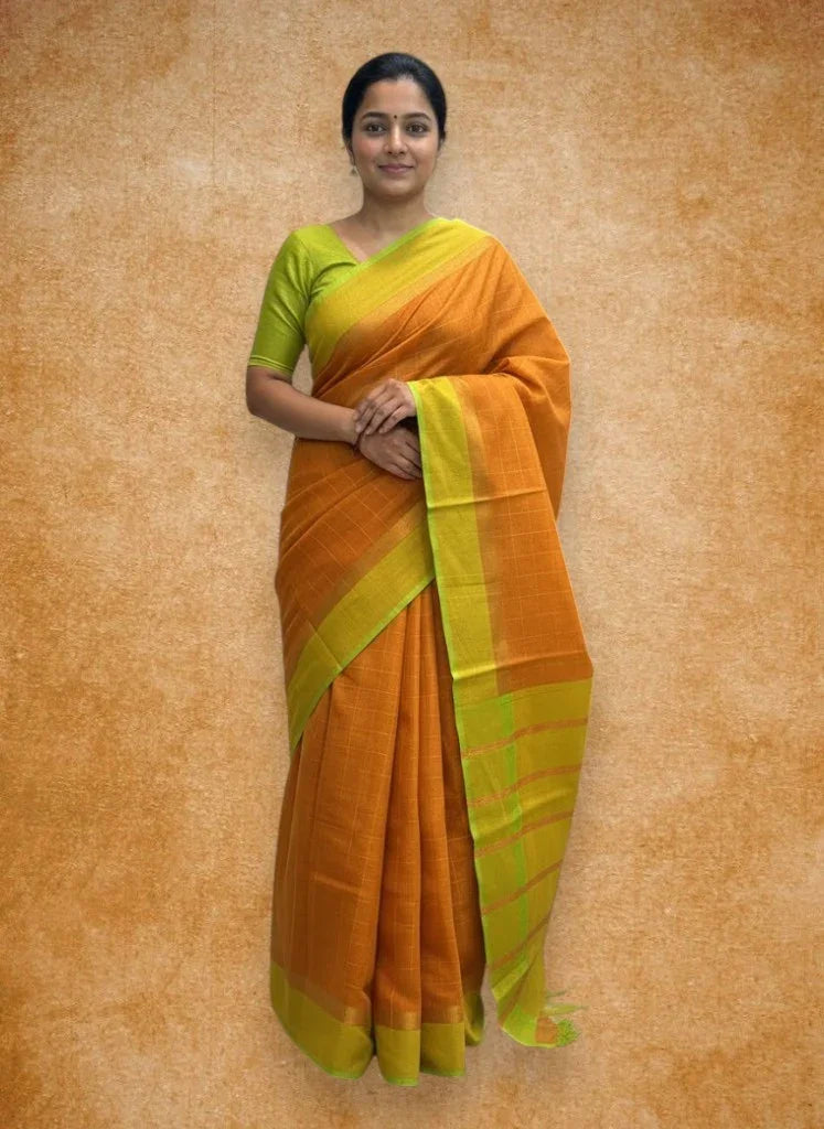 MANGALAGIRI COTTONS BODY ORANGE CHECKS DESIGNER BORDER ZARI PALLU AND BLOUSE RUNNING