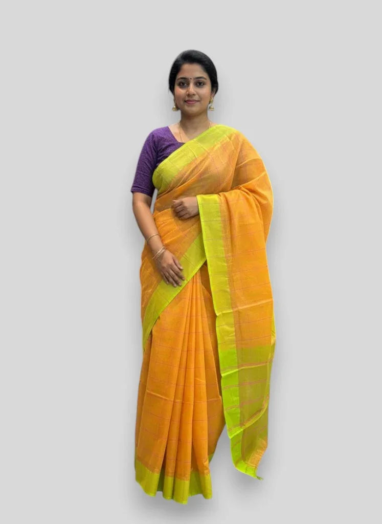 MANGALAGIRI COTTONS BODY YELLOW CHECKS DESIGNER BORDER ZARI PALLU AND BLOUSE RUNNING