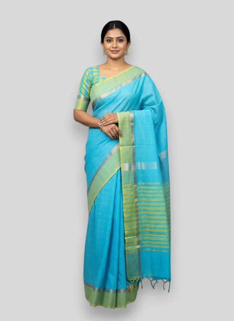 MANGALAGIRI COTTONS BODY ANANDA BLUE CHECKS DESIGNER BORDER ZARI PALLU AND BLOUSE RUNNING