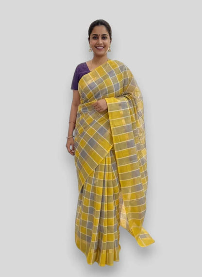 MANGALAGIRI COTTONS BODY YELLOW GRAY CHECKS DESIGNER BORDER ZARI PALLU AND BLOUSE RUNNING