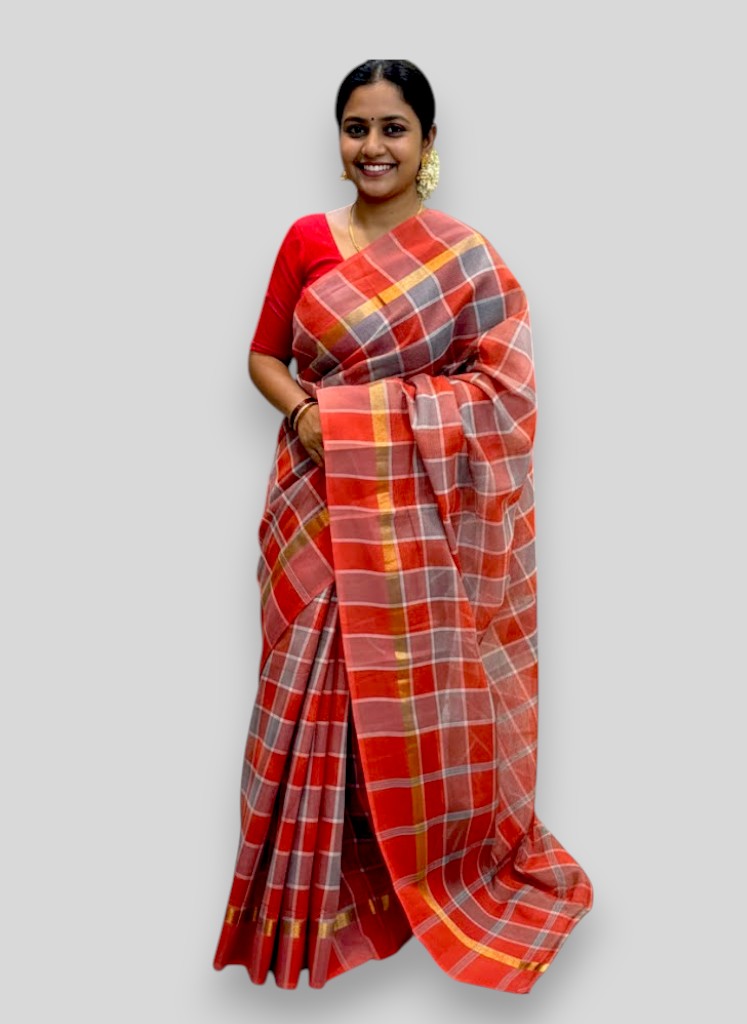 MANGALAGIRI COTTONS BODY GRAY BLUE CHECKS DESIGNER BORDER ZARI PALLU AND BLOUSE RUNNING