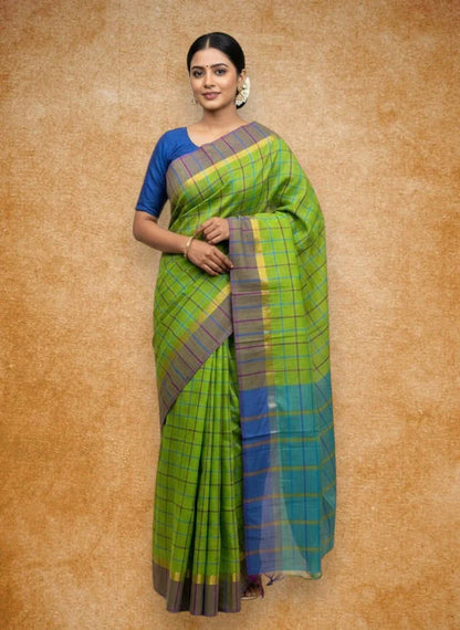 MANGALAGIRI COTTONS BODY PARROT GREEN CHECKS DESIGNER BORDER ZARI PALLU AND BLOUSE RUNNING