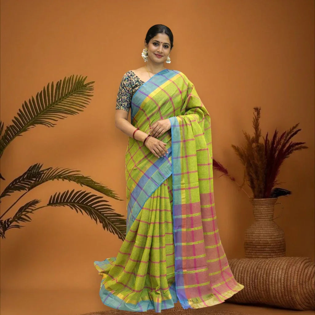 MANGALAGIRI COTTONS BODY PARROT GREEN CHECKS DESIGNER BORDER ZARI PALLU AND BLOUSE RUNNING - pochampallysarees.com