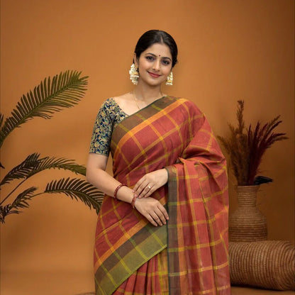 MANGALAGIRI COTTONS BODY MAROON CHECKS DESIGNER BORDER ZARI PALLU AND BLOUSE RUNNING - pochampallysarees.com