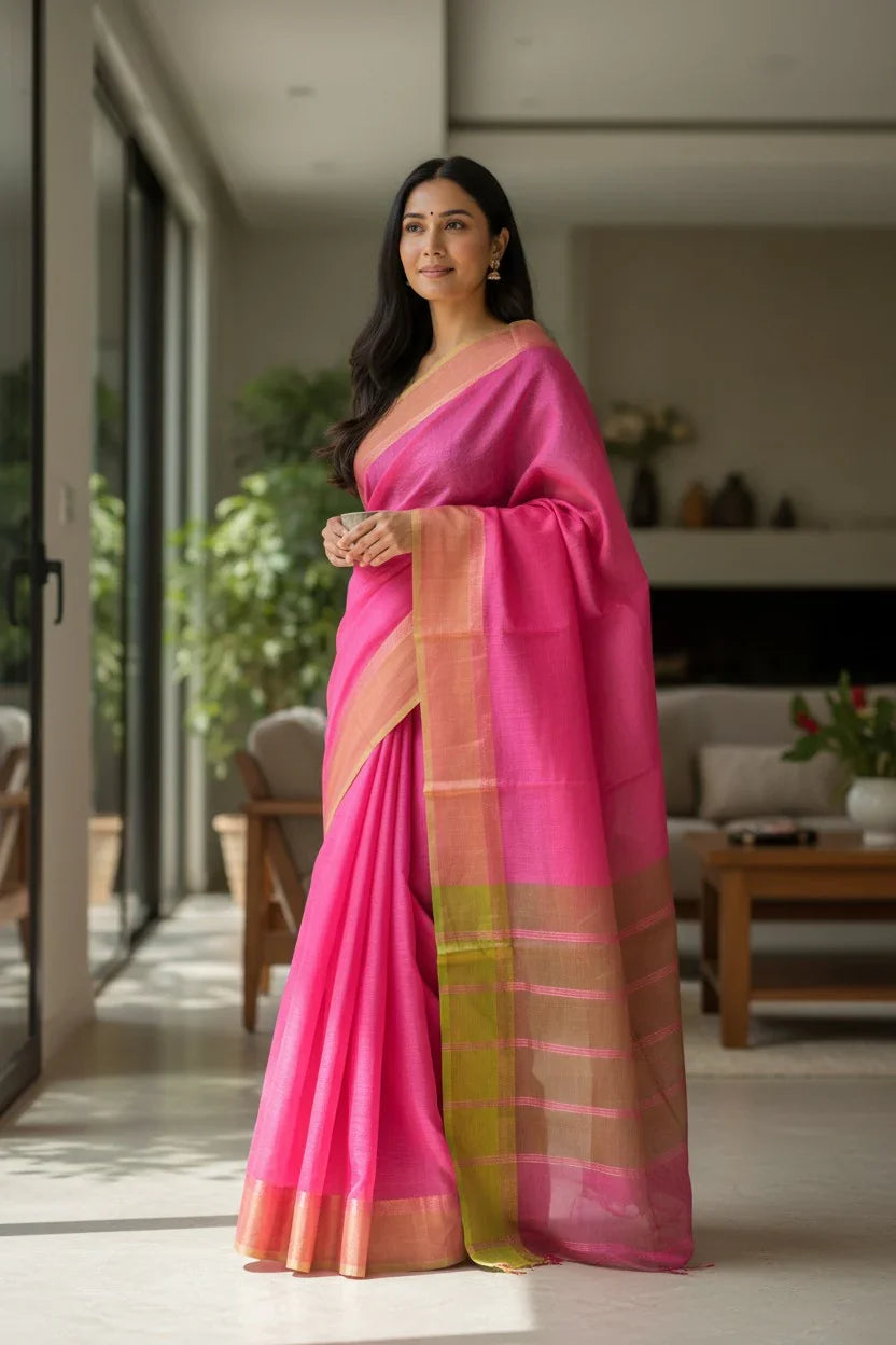 MANGALAGIRI COTTONS BODY PINK CHECKS DESIGNER BORDER ZARI PALLU AND BLOUSE RUNNING - pochampallysarees.com