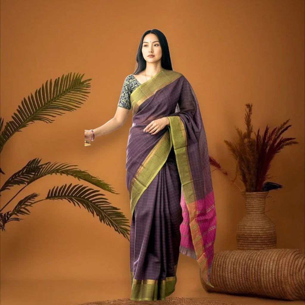 MANGALAGIRI COTTONS BODY CHOCOLATE CHECKS DESIGNER BORDER ZARI PALLU AND BLOUSE RUNNING - pochampallysarees.com