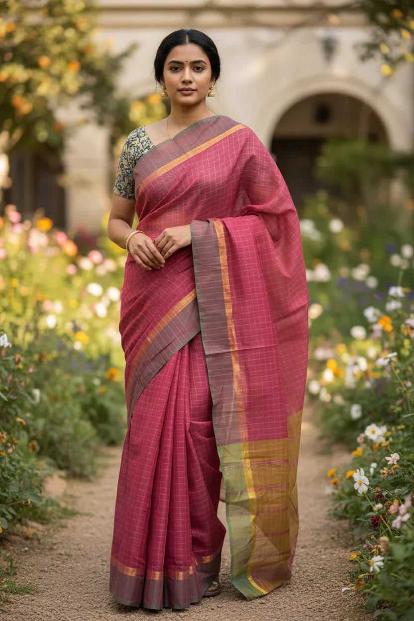 MANGALAGIRI COTTONS BODY PINK CHECKS DESIGNER BORDER ZARI PALLU AND BLOUSE RUNNING - pochampallysarees.com