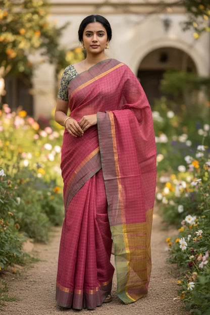 MANGALAGIRI COTTONS BODY PINK CHECKS DESIGNER BORDER ZARI PALLU AND BLOUSE RUNNING - pochampallysarees.com