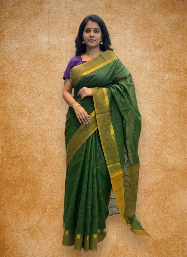 MANGALAGIRI COTTONS BODY GREEN CHECKS DESIGNER BORDER ZARI PALLU AND BLOUSE RUNNING