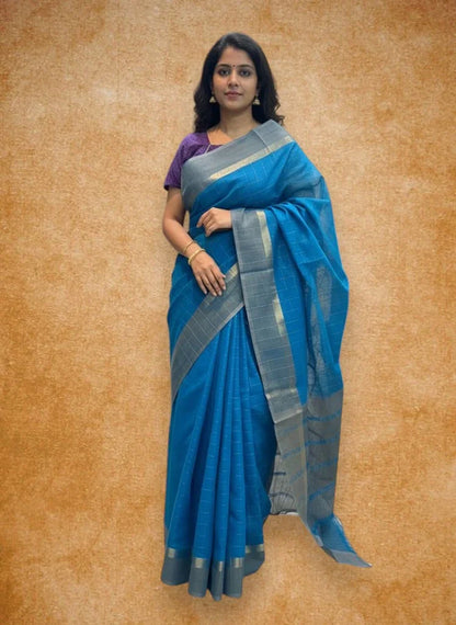 MANGALAGIRI COTTONS BODY ANANDA BLUE CHECKS DESIGNER BORDER ZARI PALLU AND BLOUSE RUNNING