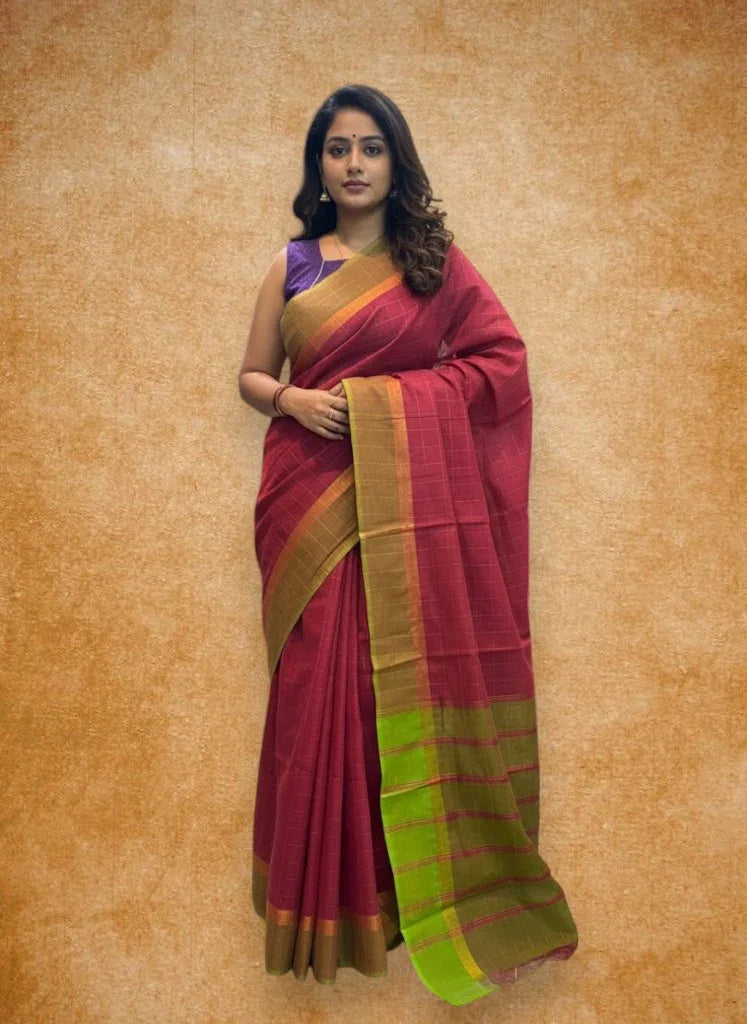 MANGALAGIRI COTTONS BODY RED CHECKS DESIGNER BORDER ZARI PALLU AND BLOUSE RUNNING