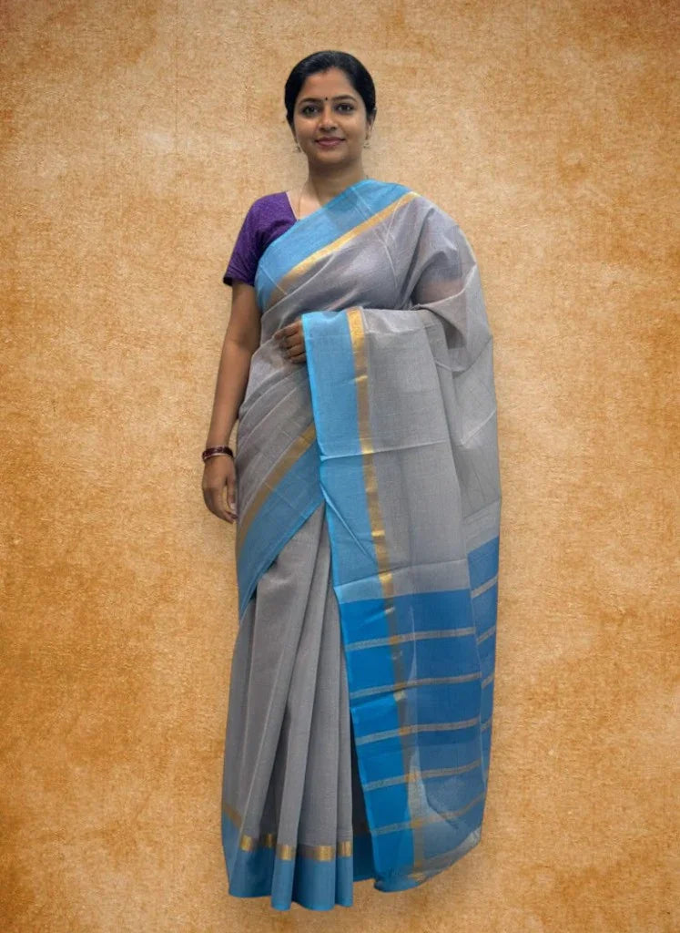 MANGALAGIRI COTTONS BODY GRAY CHECKS DESIGNER BORDER ZARI PALLU AND BLOUSE RUNNING