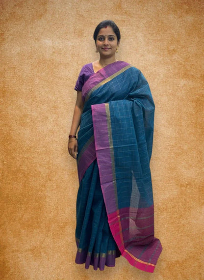 MANGALAGIRI COTTONS BODY GRAY CHECKS DESIGNER BORDER ZARI PALLU AND BLOUSE RUNNING