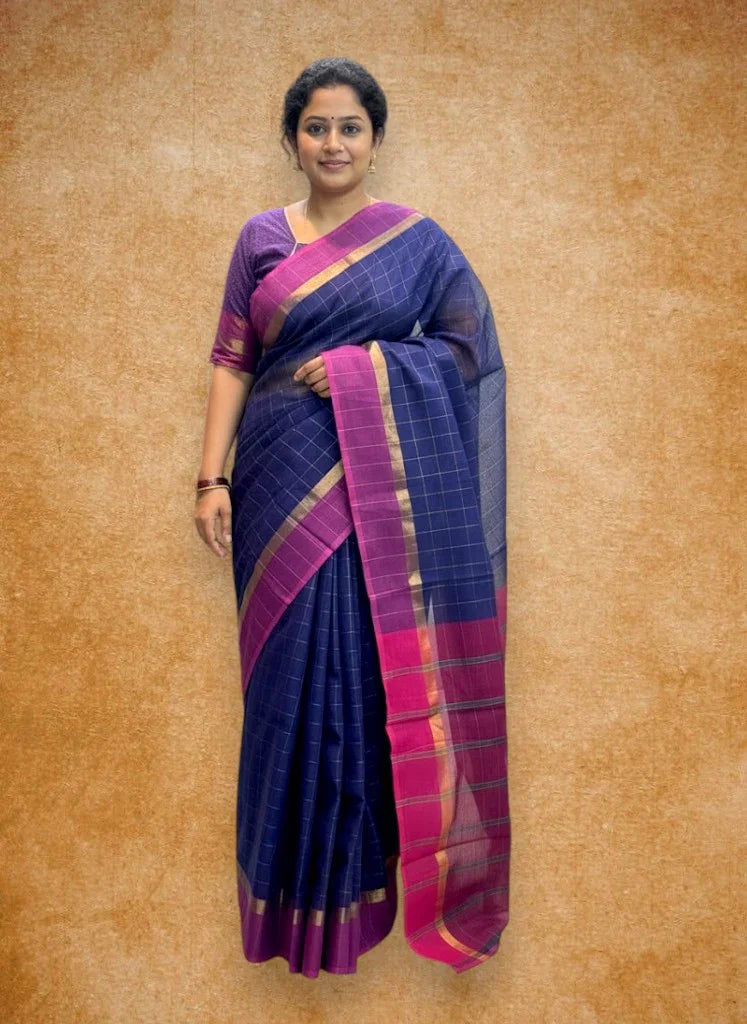 MANGALAGIRI COTTONS BODY NAVY BLUE CHECKS DESIGNER BORDER ZARI PALLU AND BLOUSE RUNNING