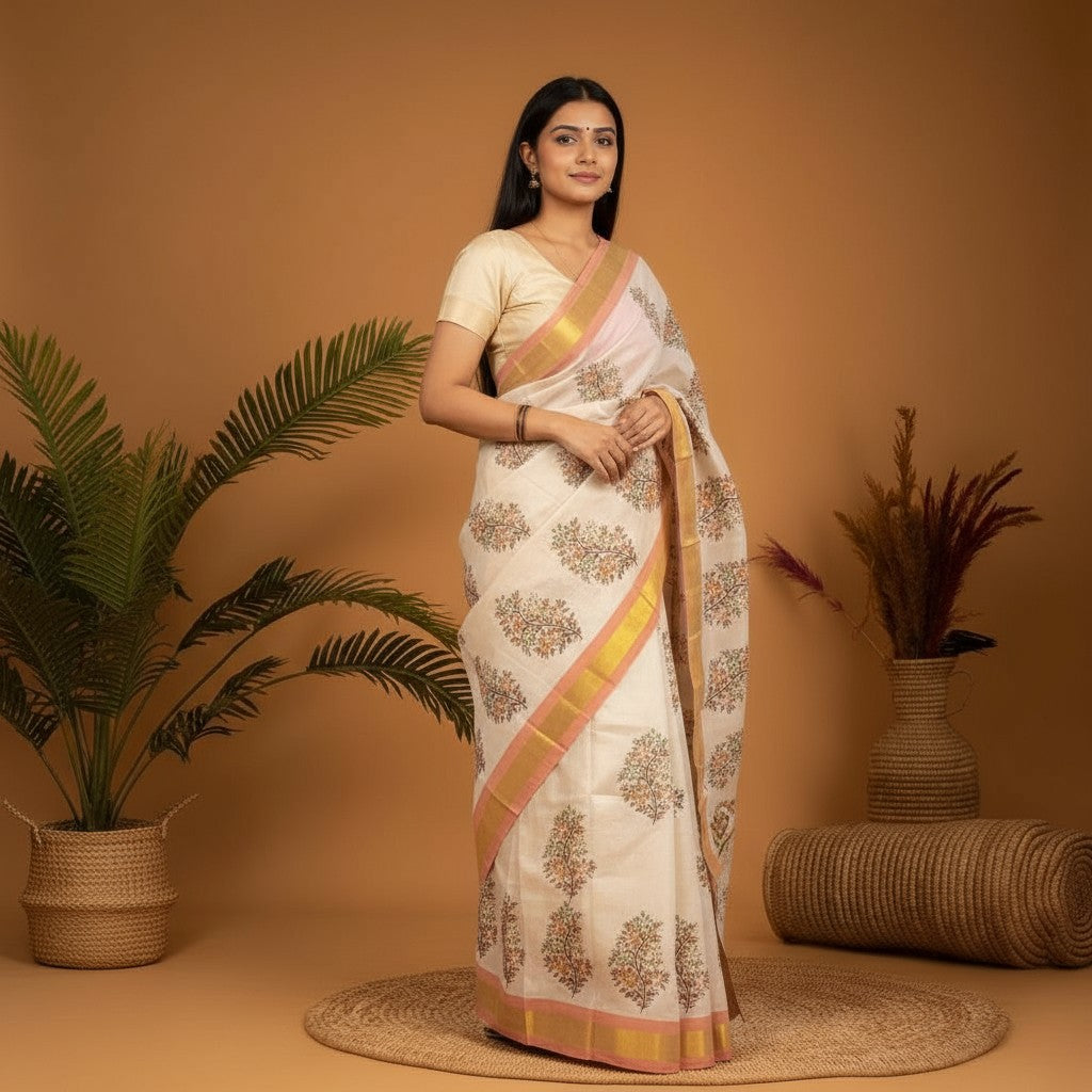 MANGALAGIRI COTTONS BODY CREAM BORDER BROWN PALLU AND BLOUSE RUNNING - pochampallysarees.com
