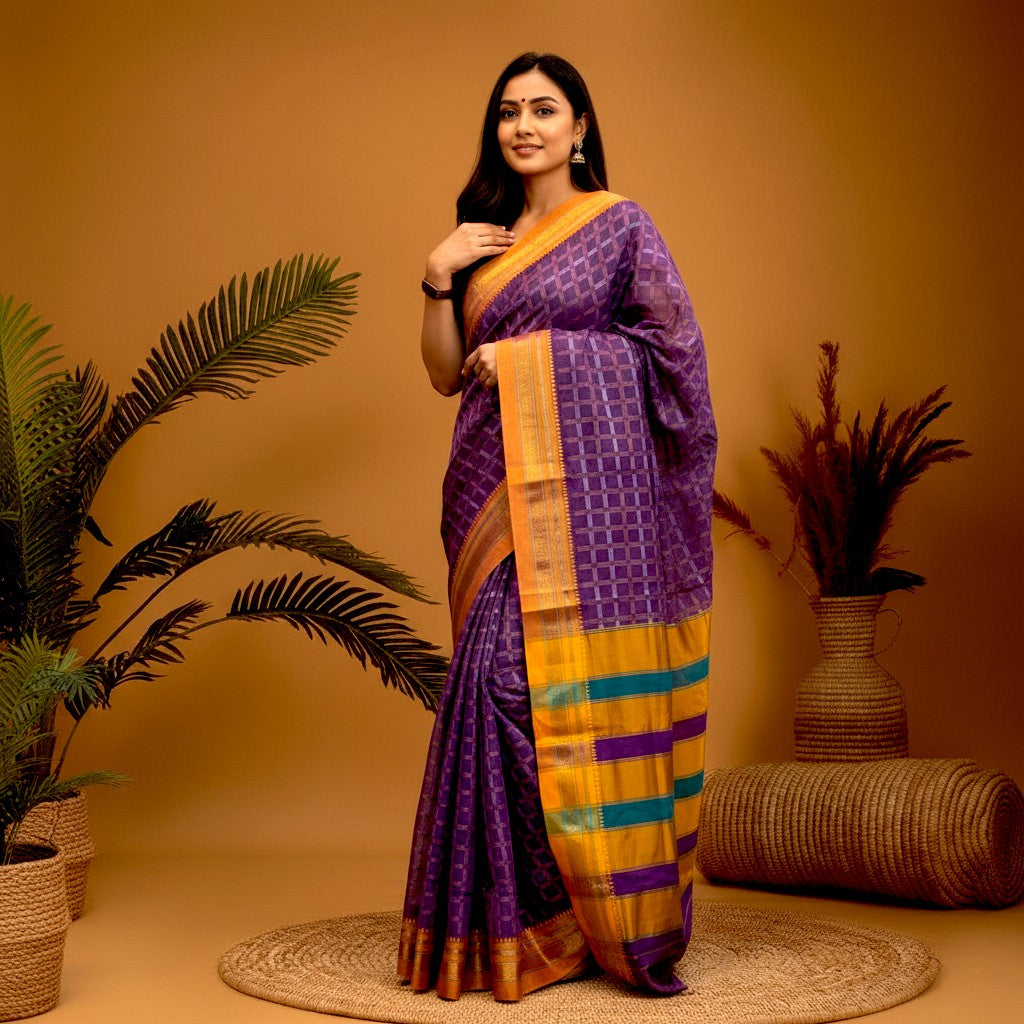 MANGALAGIRI COTTONS BODY LAVENDER CHECKS BORDER YELLOW PALLU AND BLOUSE CHECKS - pochampallysarees.com