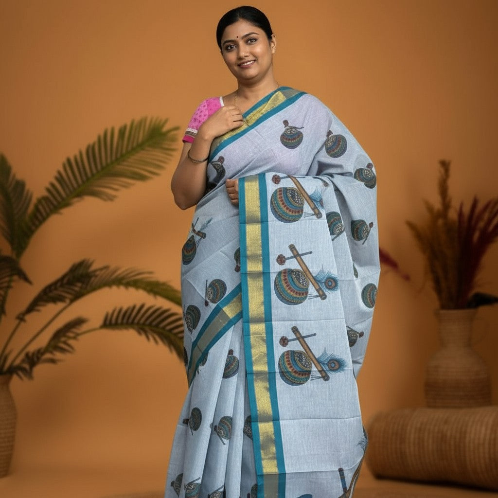 MANGALAGIRI COTTONS BODY LIGHT BLUE BORDER BLUE PALLU AND BLOUSE RUNNING - pochampallysarees.com