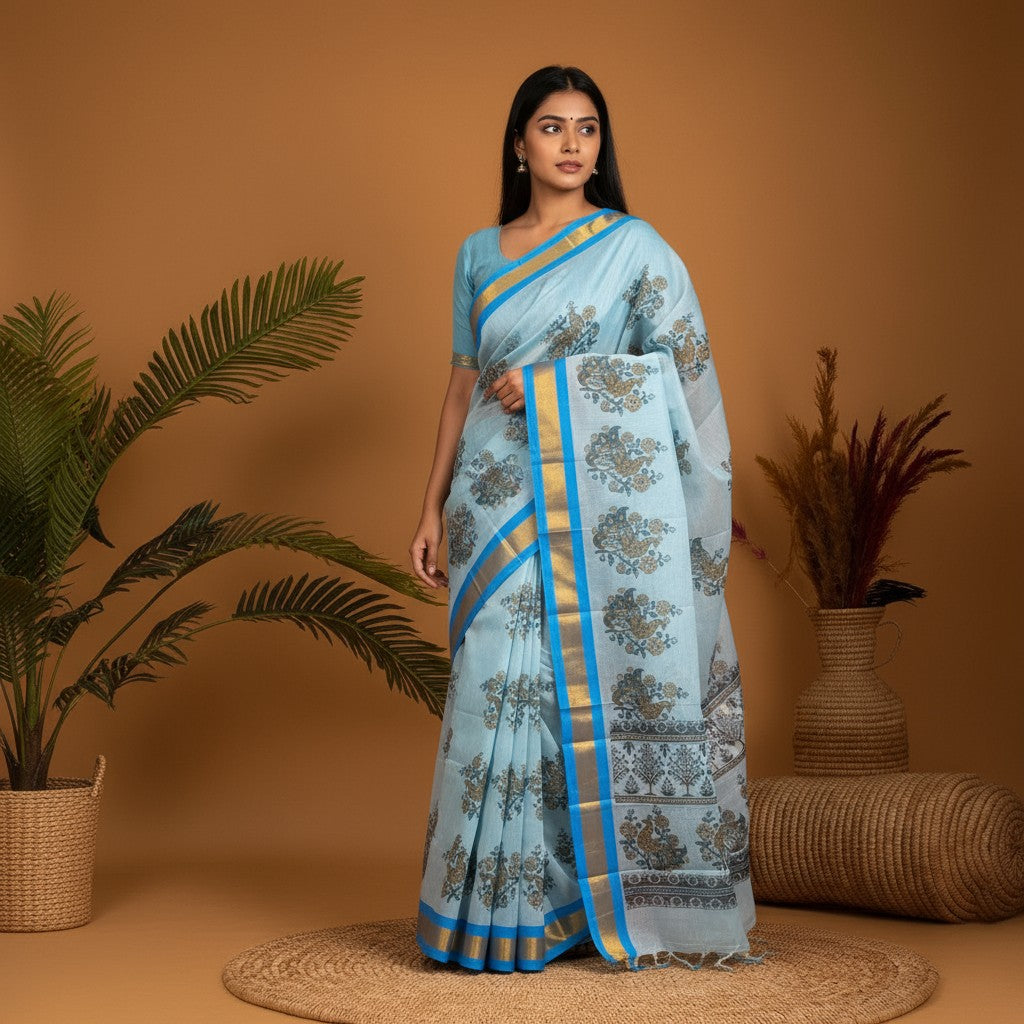MANGALAGIRI COTTONS BODY LIGHT BLUE BORDER BLUE PALLU AND BLOUSE RUNNING - pochampallysarees.com