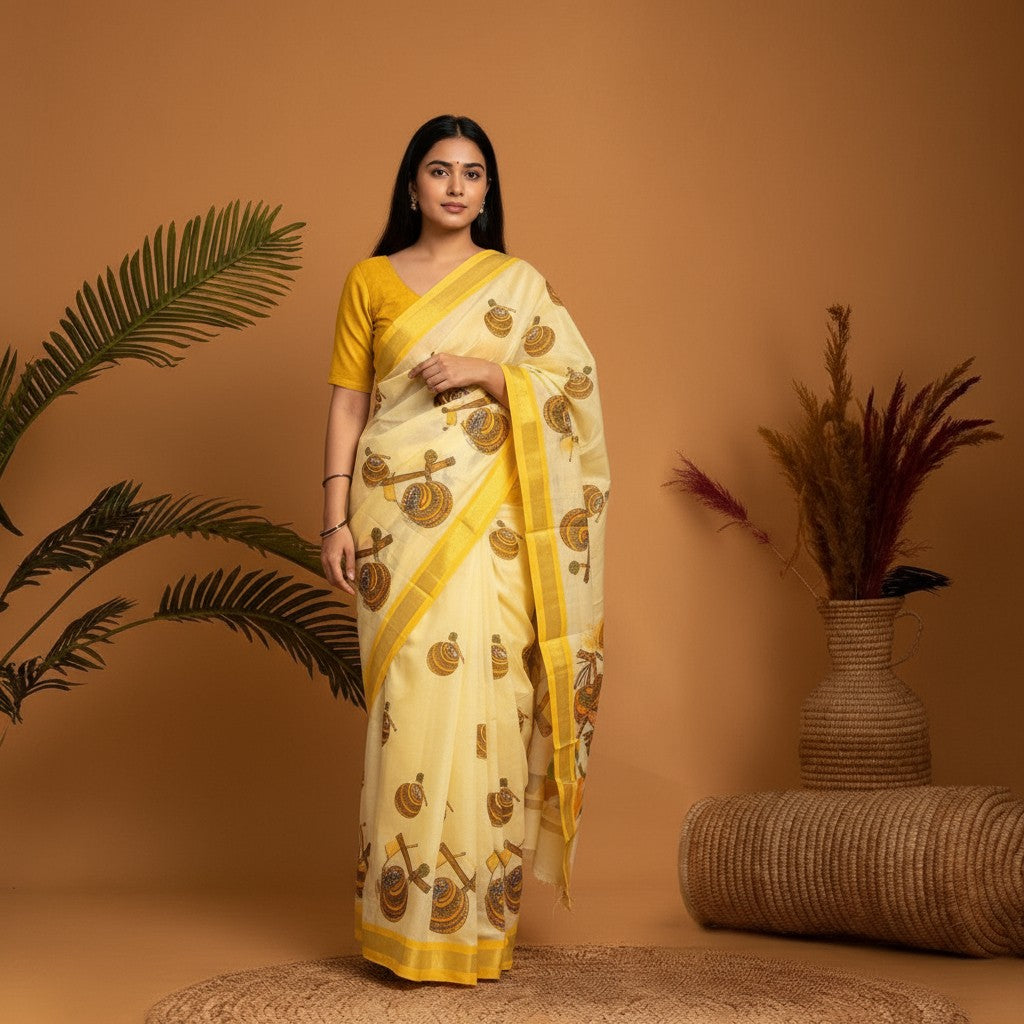 MANGALAGIRI COTTONS BODY WEAT BORDER YELLOW PALLU AND BLOUSE RUNNING - pochampallysarees.com