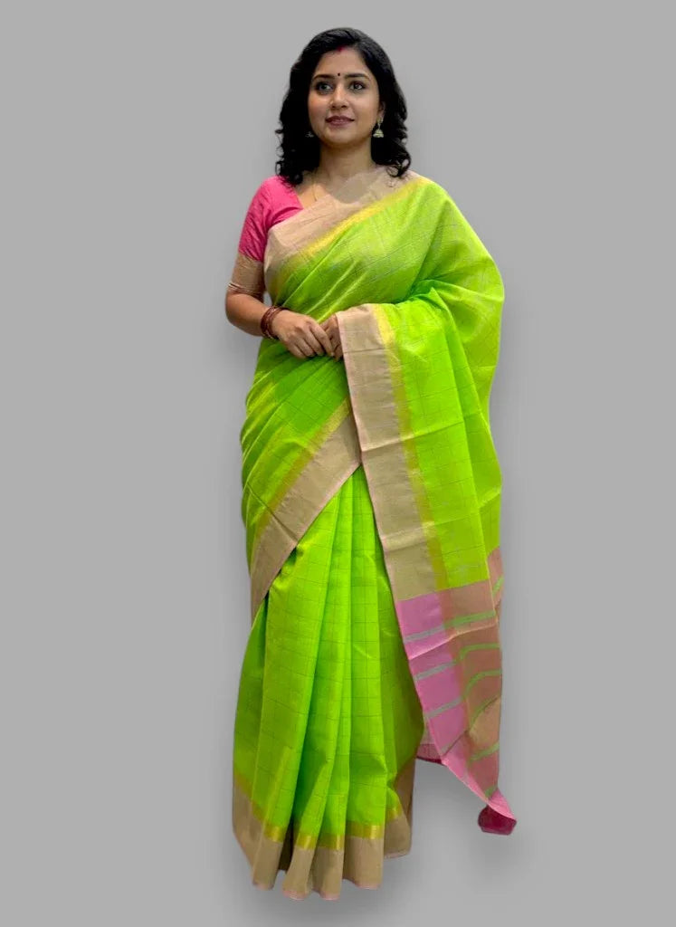 MANGALAGIRI COTTONS BODY PARROT GREEN CHECKS DESIGNER BORDER ZARI PALLU AND BLOUSE RUNNING - pochampallysarees.com