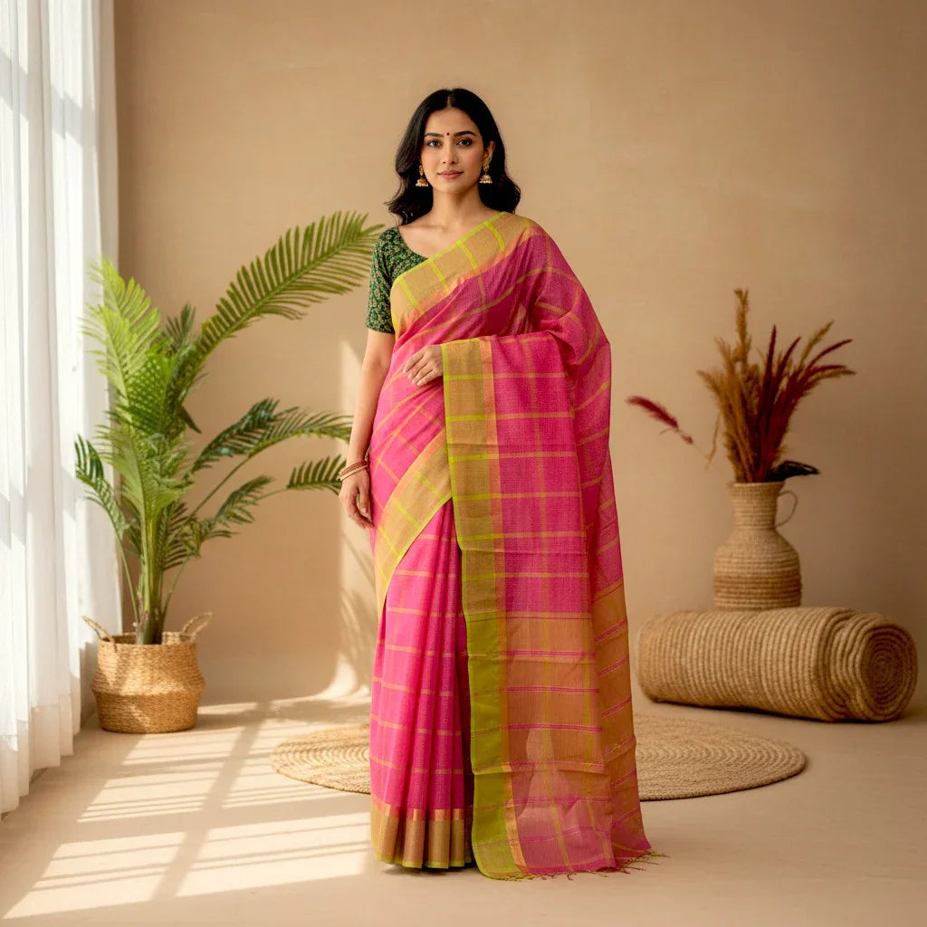 MANGALAGIRI COTTONS BODY RED CHECKS DESIGNER BORDER ZARI PALLU AND BLOUSE RUNNING - pochampallysarees.com