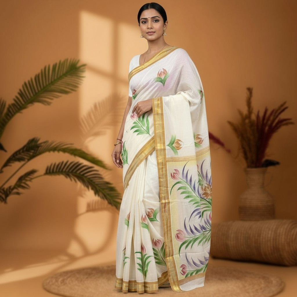 MANGALAGIRI COTTONS BODY WHITE BORDER BROWN PALLU AND BLOUSE RUNNING - pochampallysarees.com