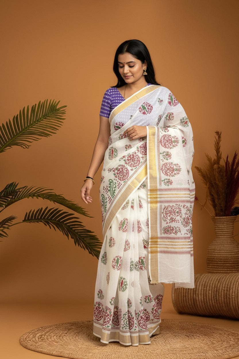 MANGALAGIRI COTTONS BODY WHITE DESIGNER BORDER ZARI PALLU AND BLOUSE RUNNING -a125 - pochampallysarees.com