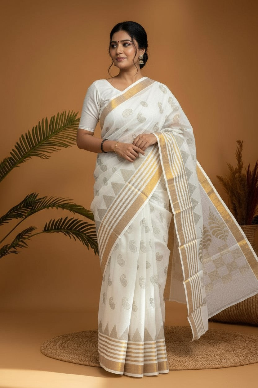 MANGALAGIRI COTTONS BODY WHITE ZARI PRINT BORDER ZARI PALLU AND BLOUSE RUNNING - pochampallysarees.com