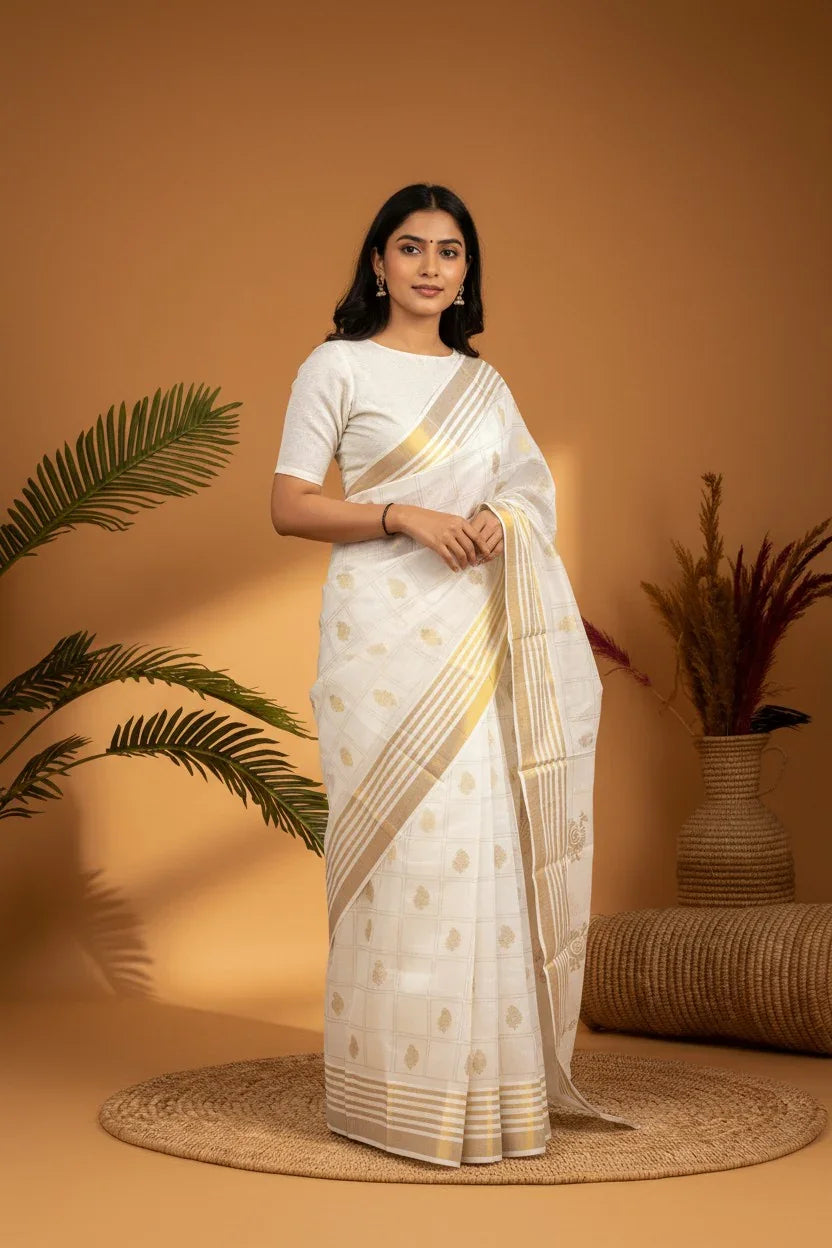 MANGALAGIRI COTTONS BODY WHITE ZARI BORDER ZARI PALLU AND BLOUSE RUNNING - pochampallysarees.com