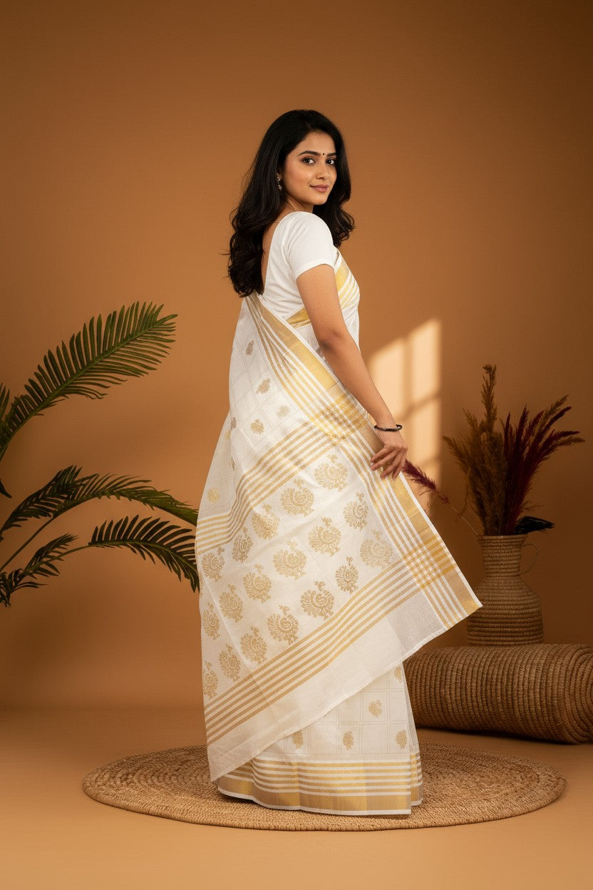 MANGALAGIRI COTTONS BODY WHITE ZARI BORDER ZARI PALLU AND BLOUSE RUNNING - pochampallysarees.com