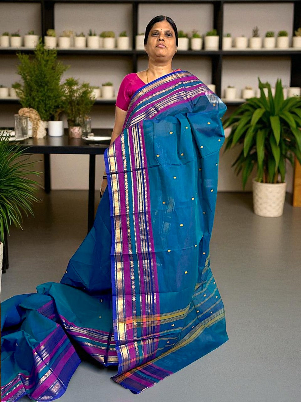 NARAYANPET COTTON SAREE BLUE BUTTI BODY BUTTA GANGA JAMUNA BORDER
