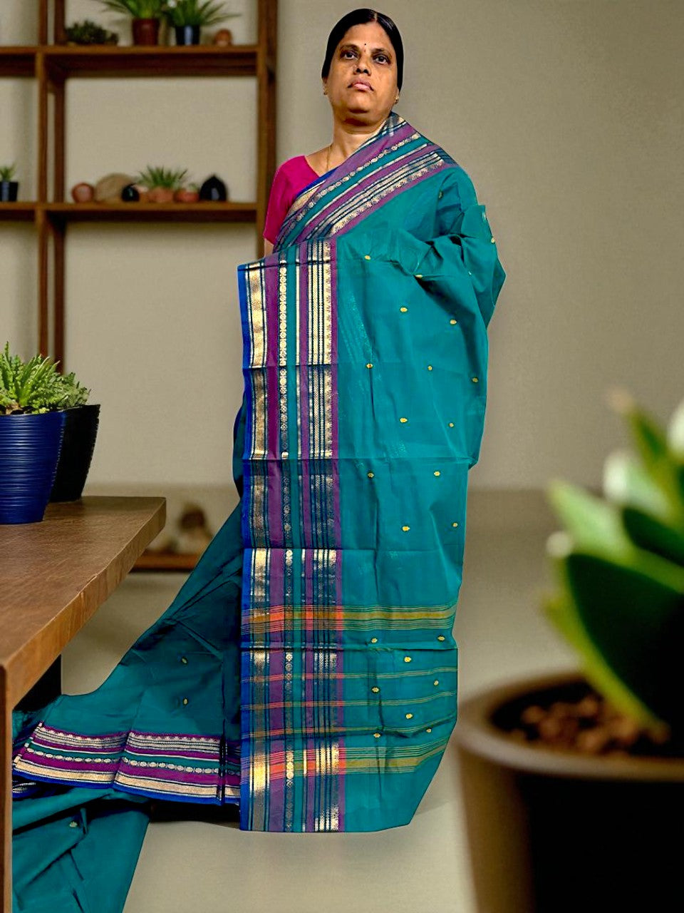 NARAYANPET COTTON SAREE RAMA COLOR BUTTI BODY BUTTA GANGA JAMUNA BORDER