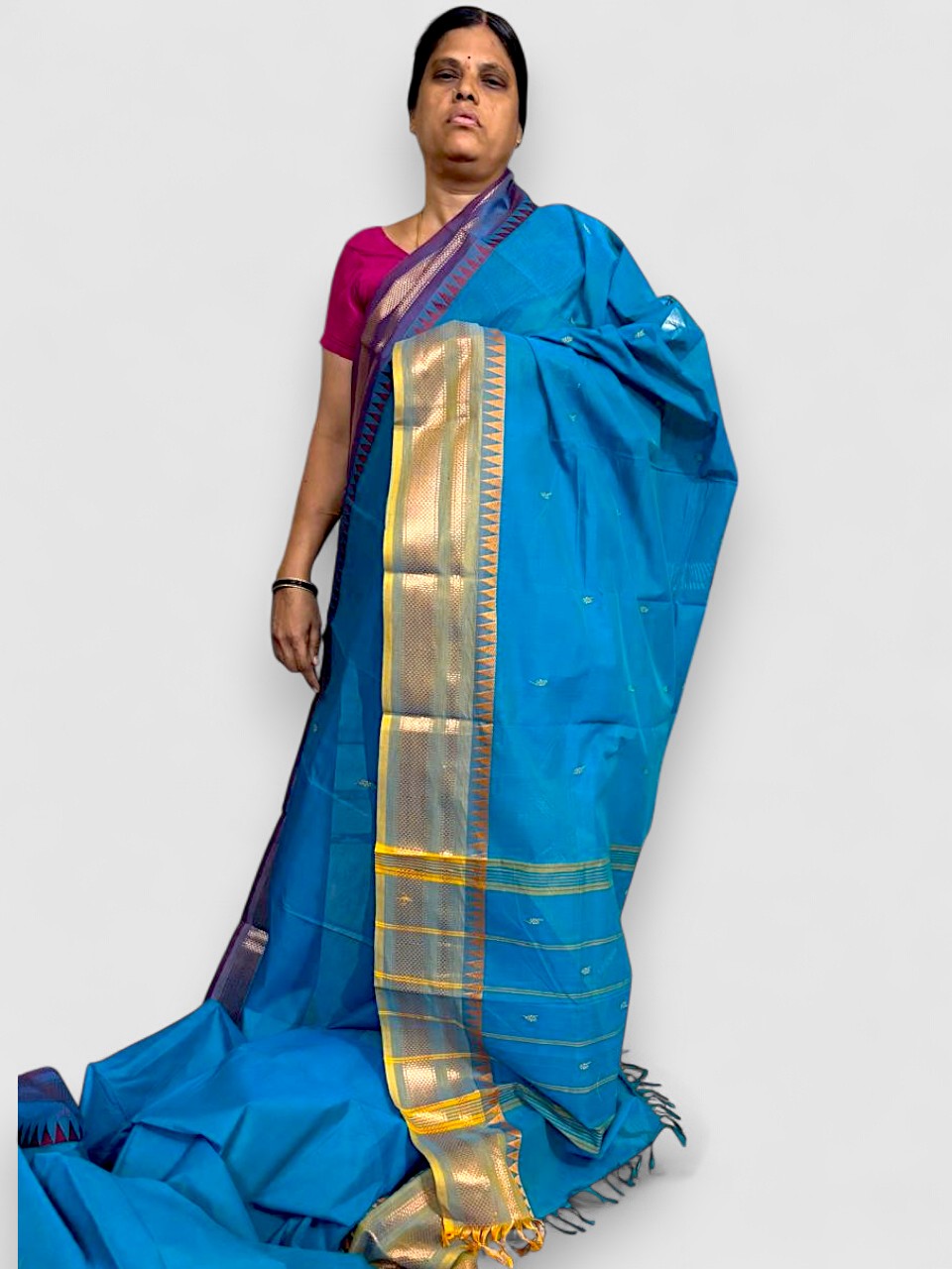 NARAYANPET COTTON SAREE ANANDA BLUE COLOR BUTTI BODY BUTTA GANGA JAMUNA BORDER