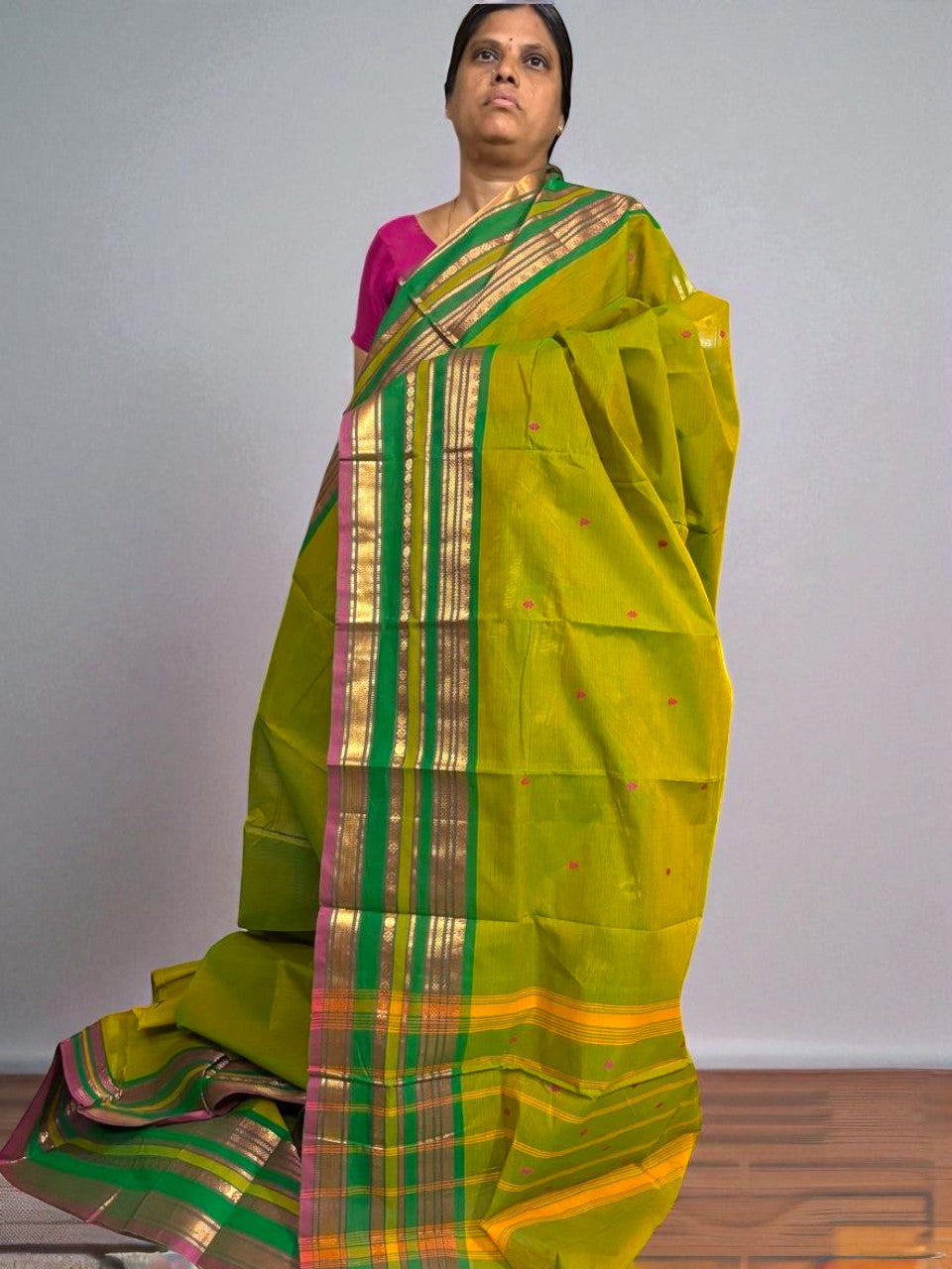 NARAYANPET COTTON SAREE GREEN COLOR BUTTI BODY BUTTA GANGA JAMUNA BORDER