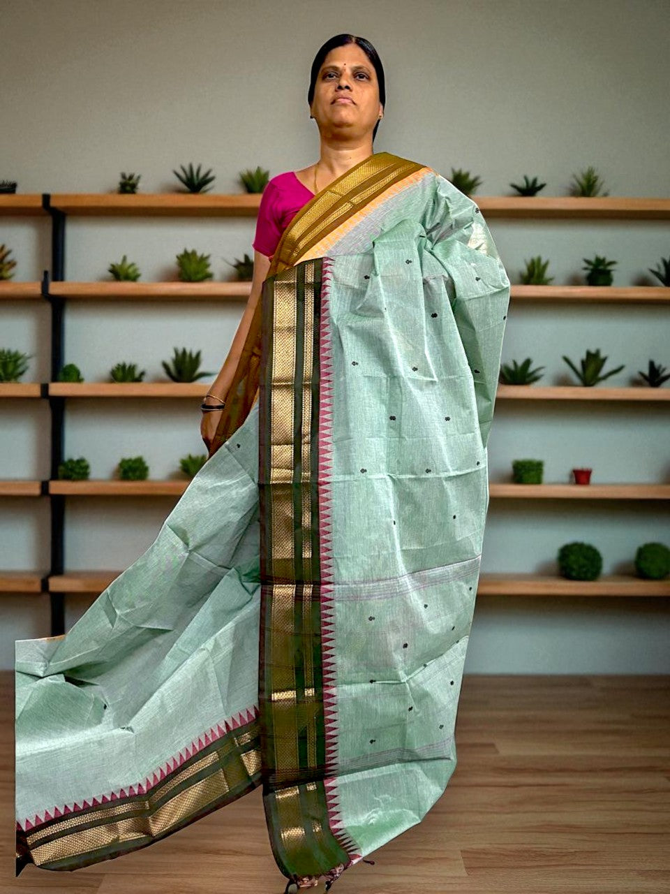 NARAYANPET COTTON SAREE PISTA GREEN COLOR BUTTI BODY BUTTA GANGA JAMUNA BORDER