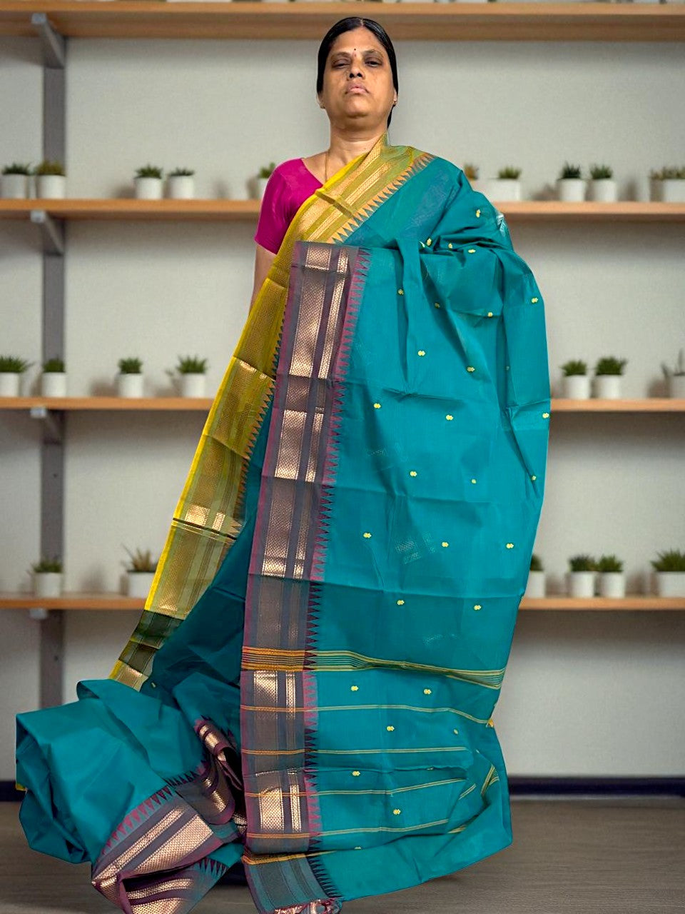 NARAYANPET COTTON SAREE RAMA GREEN BUTTI BODY BUTTA GANGA JAMUNA BORDER