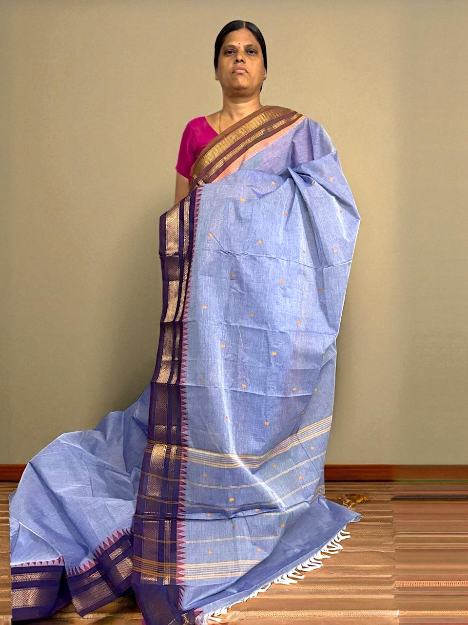 NARAYANPET COTTON SAREE SKY BLUE BUTTI BODY BUTTA GANGA JAMUNA BORDER