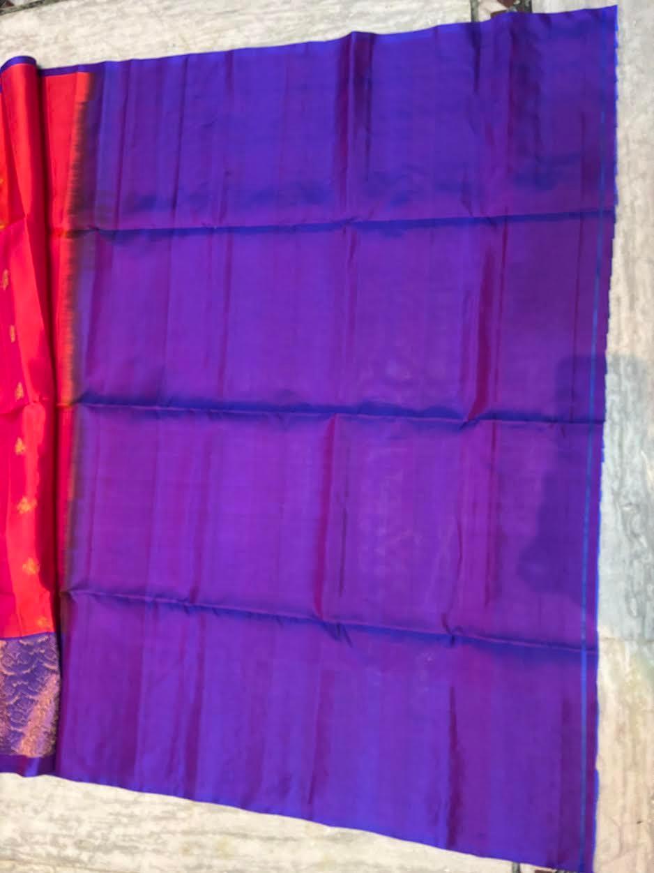 Luxury Soft Silk Saree in Orange &amp; Violet | Gold Zari Butta Design - pochampallysarees.com