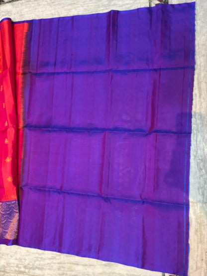 Luxury Soft Silk Saree in Orange &amp; Violet | Gold Zari Butta Design - pochampallysarees.com