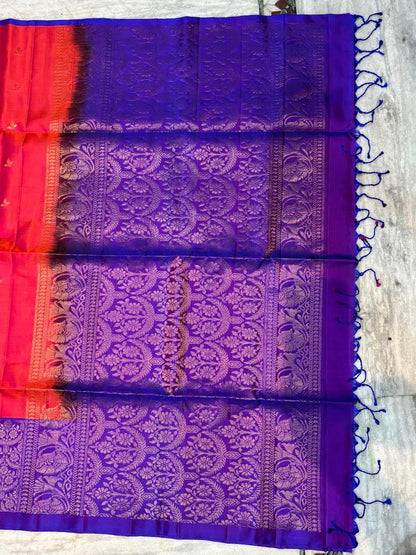 Luxury Soft Silk Saree in Orange &amp; Violet | Gold Zari Butta Design - pochampallysarees.com