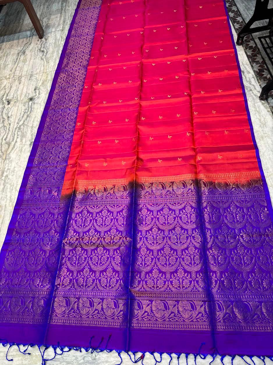 Luxury Soft Silk Saree in Orange &amp; Violet | Gold Zari Butta Design - pochampallysarees.com
